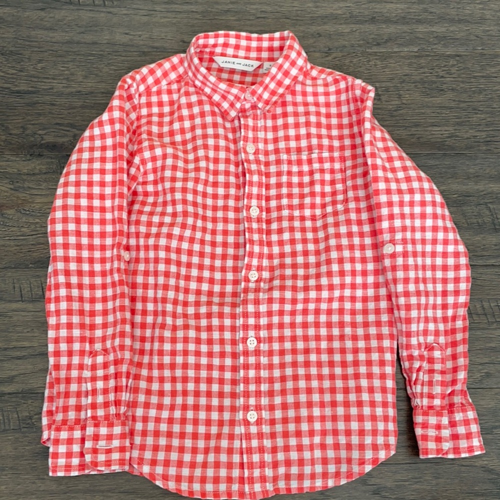 Janie and Jack Size 5 Coral Gingham Dress Shirt